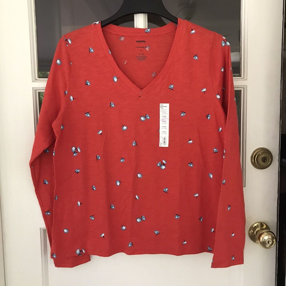 Sonoma Women L/S Everday Tee Red Flower Print Size 4X  100% Cotton New G4